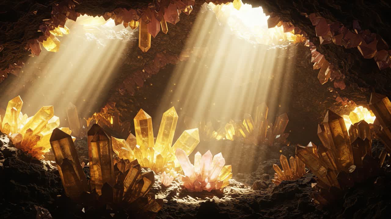 Stunning Underground Crystal Cavern Illuminated by Ethereal Sunlight, Showcasing Geometric Formations of Vibrant Gems and Breathtaking Light Rays in a Mystical Environment