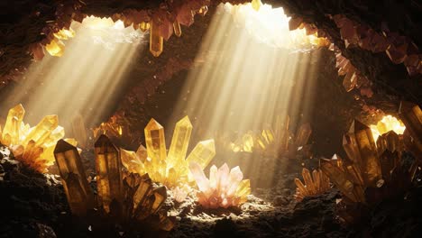 stunning underground crystal cavern illuminated by ethereal sunlight, showcasing geometric formations of vibrant gems and breathtaking light rays in a mystical environment