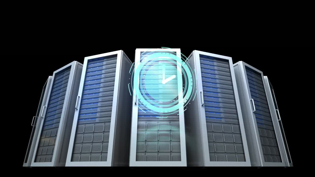 Animation of clock moving fast over computer servers