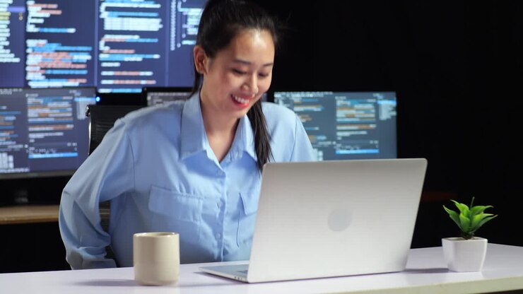Asian Female Programmer Walking Into The Working Space To Write Code By A Laptop Using Multiple Monitors Showing Database On Terminal Window Desktops In The Office