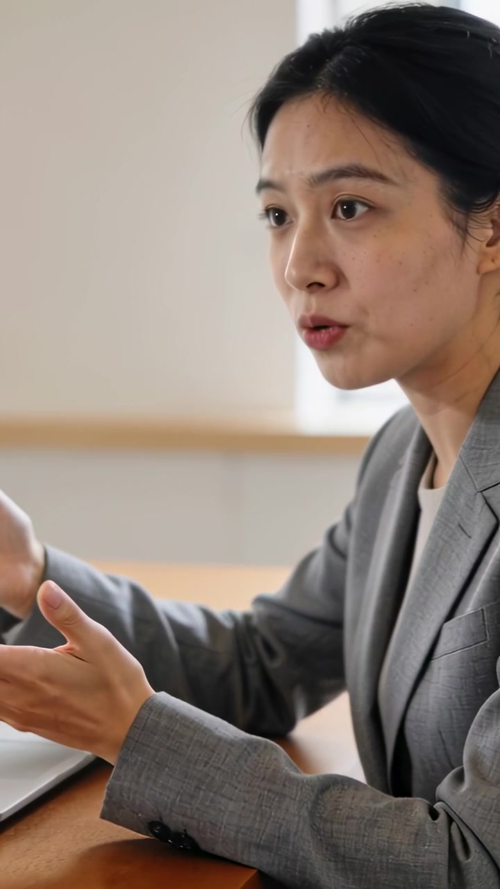 Vertical video: Answering question, woman in blazer gesturing, leaning at office laptop, copy space