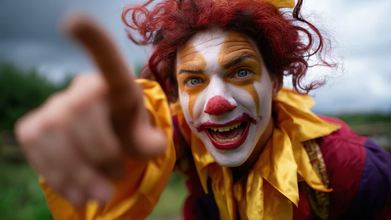 Vibrant Clown with Bold Colors and Expressive Features Captivatingly Engages the Audience in a Playful yet Intriguing Display of Joy and Mischief