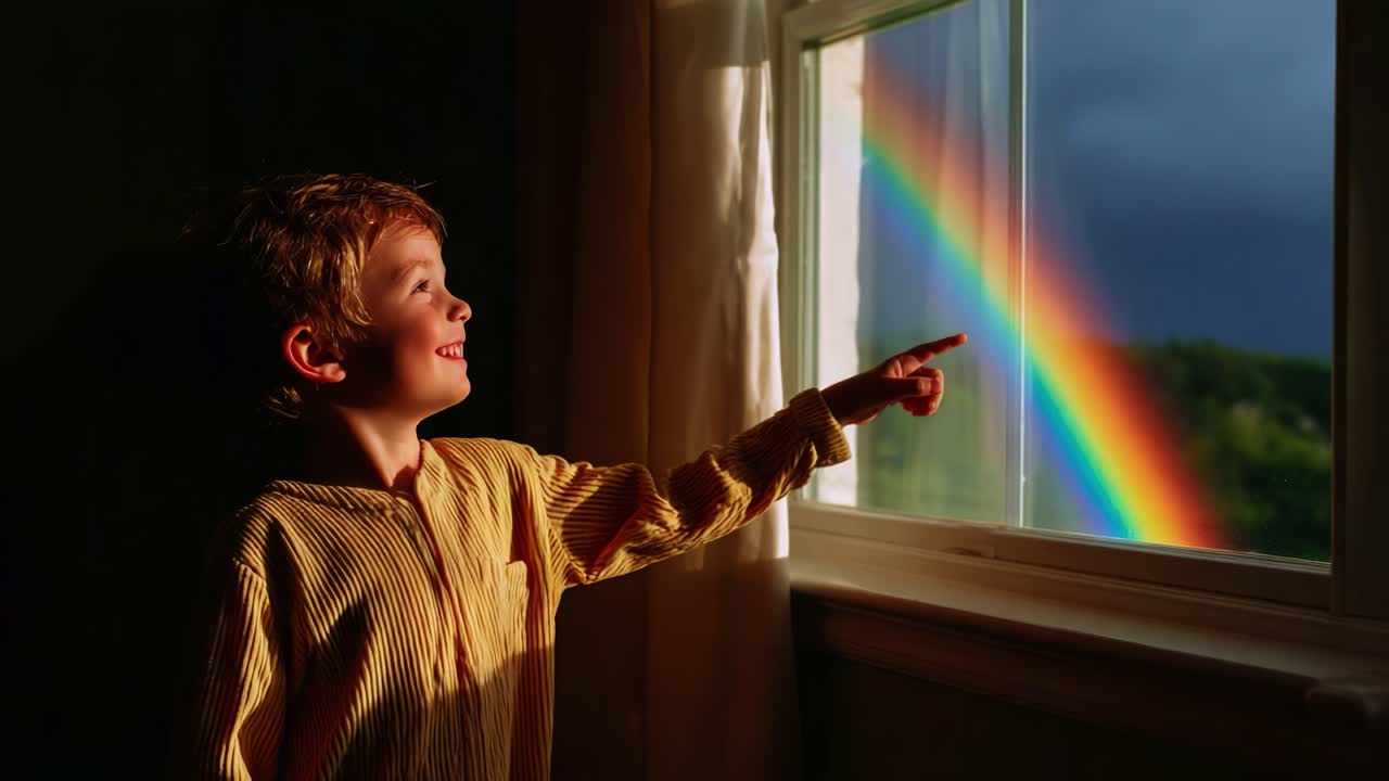 A Joyful Child's Wonder as He Points at a Vibrant Rainbow Outside His Window, Capturing the Essence of Childlike Curiosity and the Beauty of Nature in an Enchanting Moment