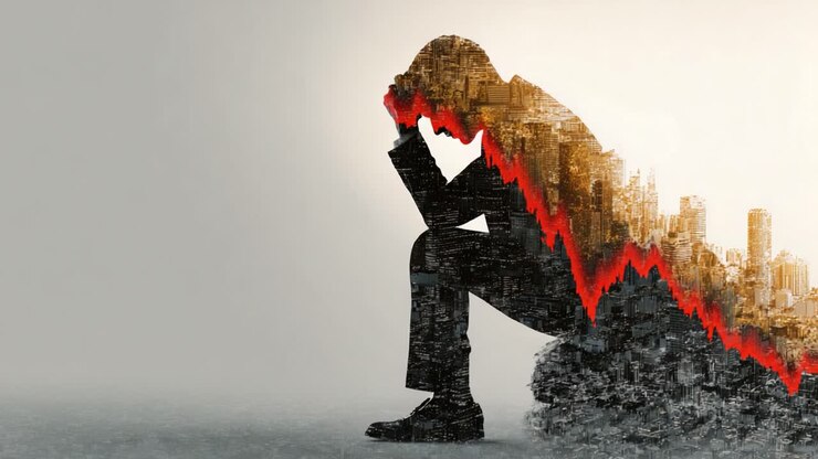 A businessman lost in thought, overwhelmed by financial decline and urban chaos, illustrated by a city skyline blending with a falling stock market trend