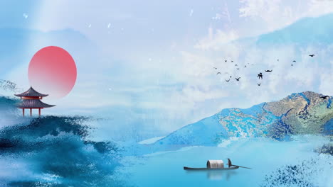 serene asian landscape painting with boat and temple