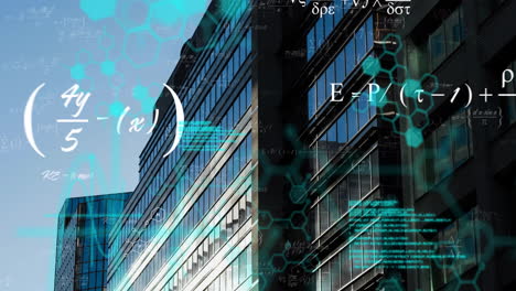 animation of data processing with chemical formula and mathematical equations over office building