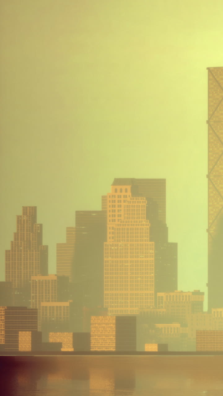 Horizonte de la ciudad al atardecer con edificios y agua en primer plano.