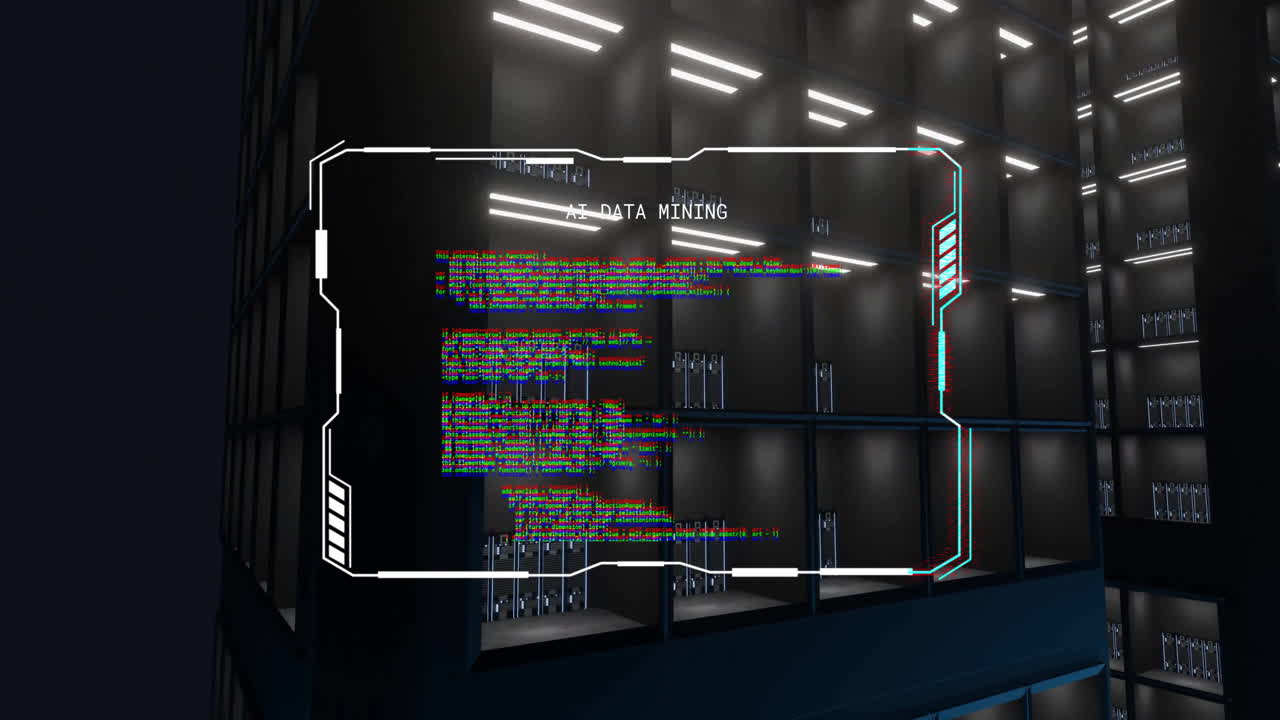 Animation of ai data mining text on processing file over dark computer server room