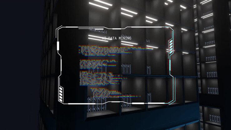 Animation of ai data mining text on processing file over dark computer server room