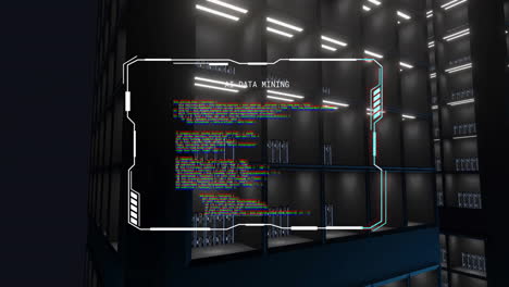 animación de texto de minería de datos ai en el procesamiento de archivos en la sala de servidores de computadoras oscuras