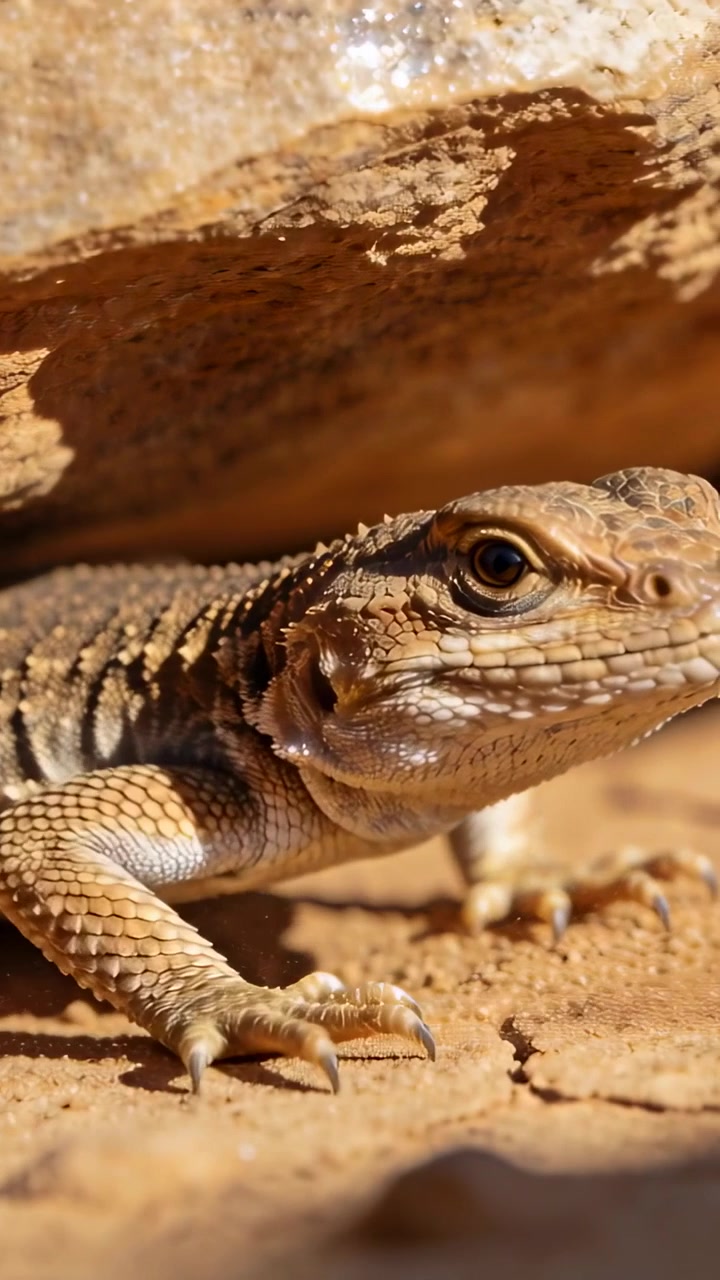 Video verticale: Il sole riscalda le squame, una lucertola del deserto scivola da sotto una roccia piatta sulla sabbia, scrutando l'ambiente.