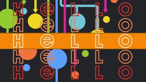 animation of hello text repeated over shapes on black background