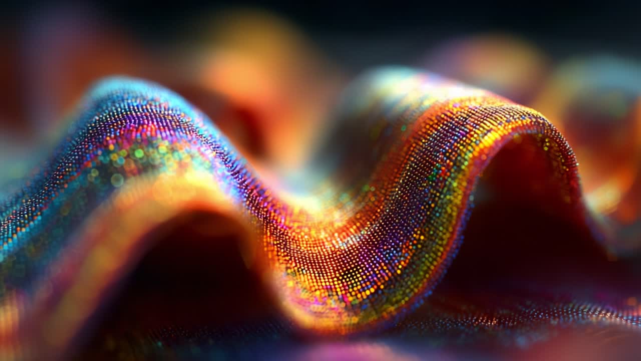 A Close-Up Exploration of Vibrant Textured Fabric Waves Capturing the Play of Light and Color, Featuring a Rich, Shimmering Surface with Spectacular Reflections and Vivid Patterns in Dynamic Movement