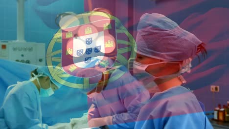 Animation-of-flag-of-portugal-waving-over-surgeons-in-operating-theatre