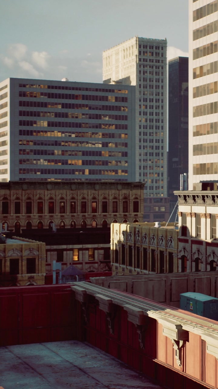 Edifici in un contesto urbano con la luce del sole che si riflette sulle finestre.