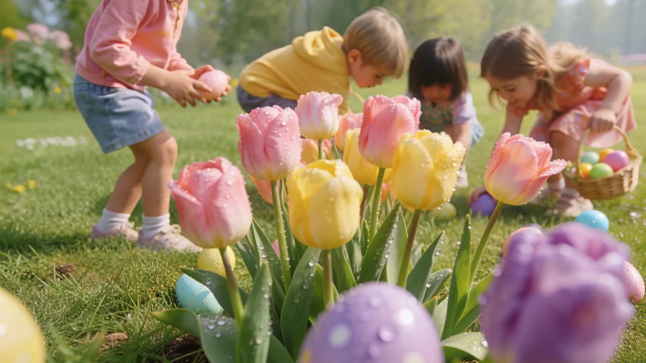 Entering park, four children collecting pastel eggs with baskets near dewy tulips during egg hunt