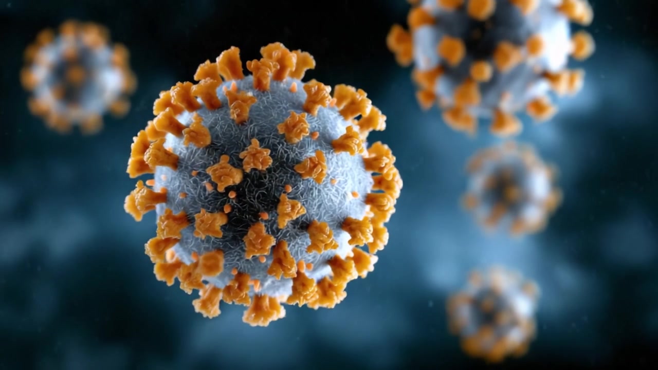 Visualizzazione altamente dettagliata di particelle di Coronavirus che raffigura la loro struttura, le caratteristiche superficiali e la composizione molecolare su uno sfondo scuro astratto.