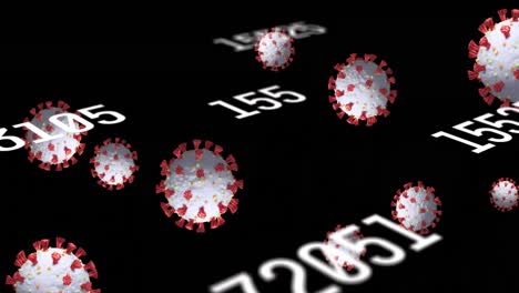 Animation-of-coronavirus-cells-and-numbers-on-black-background