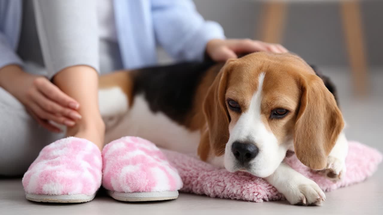 A Relaxing Moment: A Content Beagle Enjoys a Close Bond with Its Owner While Resting Comfortably in Cozy Slippers at Home