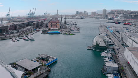 Scenic-aerial-view-of-Biosfera-in-Genoa-Old-Port---popular-tourist-attraction