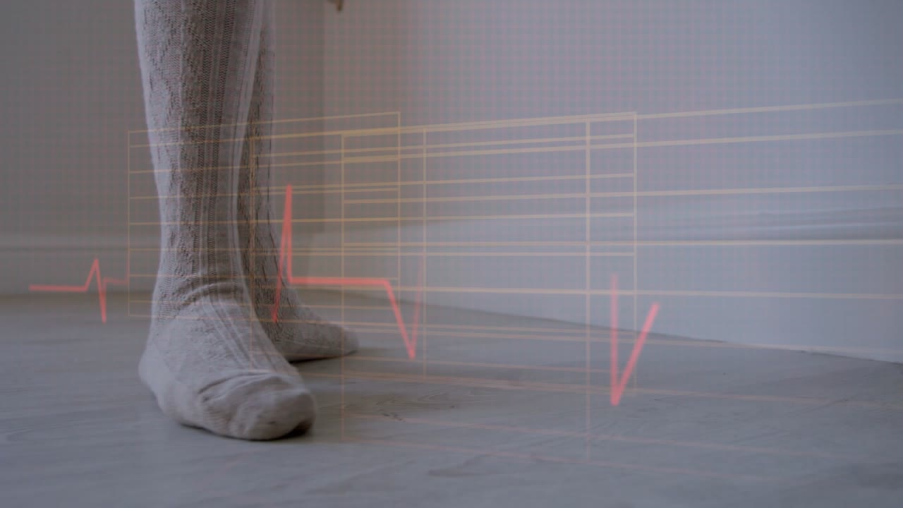 Woman shifting weight on pale floor, stepping while red ECG waveform pulsing per step, health theme