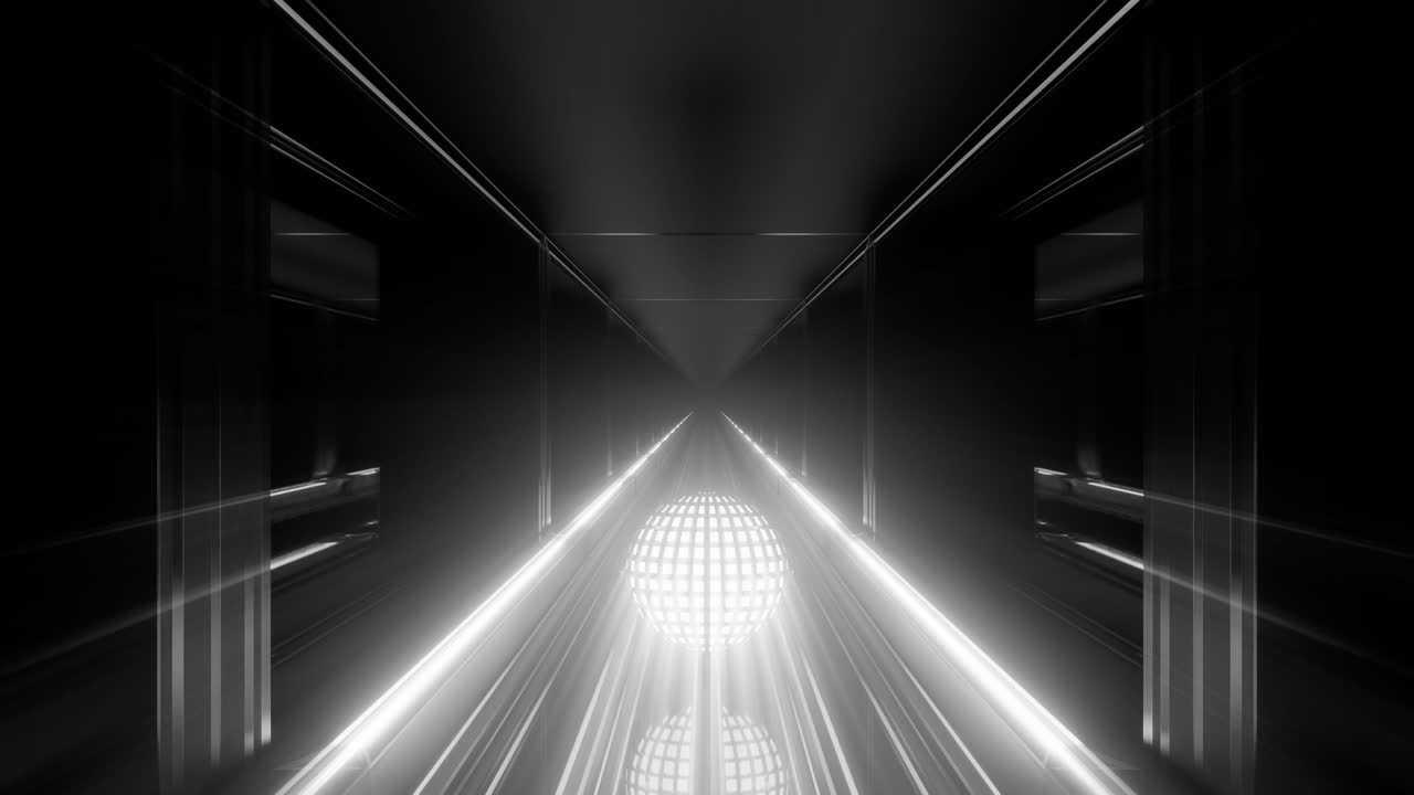 bola rodante de llama blanca, corredor geométrico iluminado, reflejos