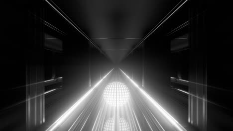 white blaze rolling ball, illuminated geometric corridor, reflections