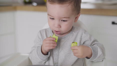 close up of a cute baby boy eating avocado slices sitting in high chair in the kitchen