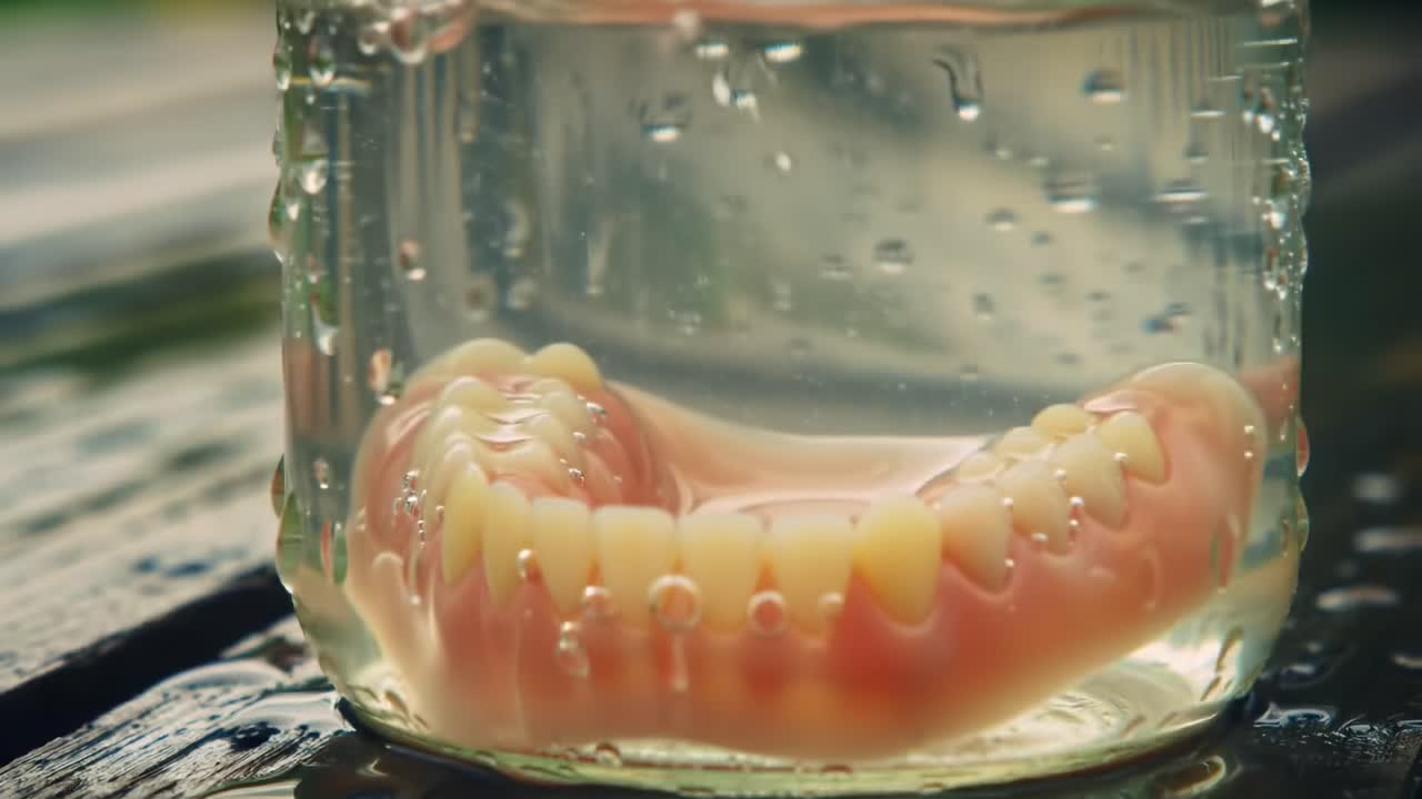 A Fascinating Close-Up of Dentures Immersed in Water Inside a Jar, Capturing the Play of Light and Reflections in a Refreshing, Clear Environment