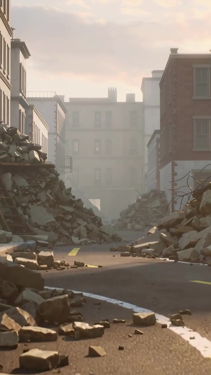 Vertical video: Starting camera panning forward down ruined street, showing rubble and rebar haze
