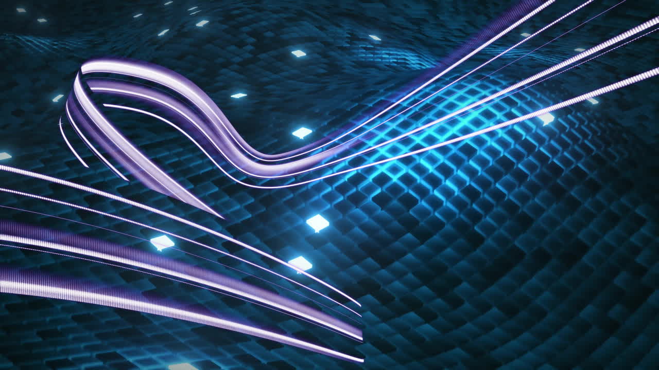 Flowing purple and white lines animation over blue geometric pattern background