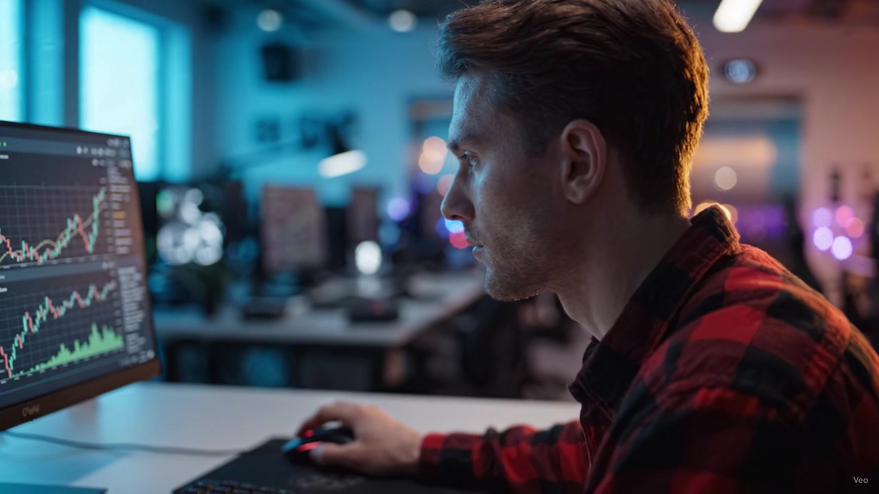 Focused Trader Analyzing Stock Market Trends on Computer Screen with Vibrant Colors in Modern Office Setting During Evening Hours