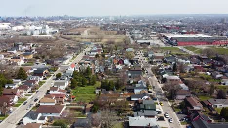 Drone-flying-over-downtown-industrial-area-of-Hamilton