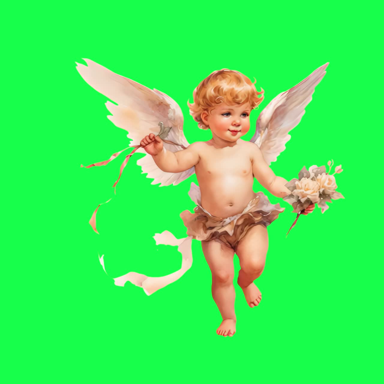 Cherubic angel with floral bouquet animation, transparent 4K video, green screen