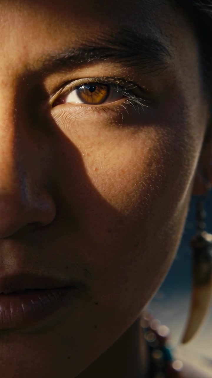 Vertical video: Holding gaze woman musing out as sun catching amber eye, blinking with claw earring