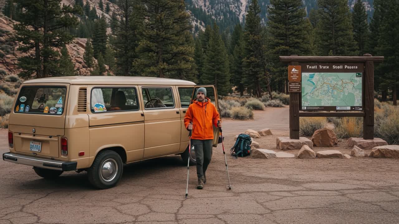 Adventure Awaits: A Hiker Prepares for Exploration Near a Scenic Trailhead with Vintage Van Alongside a Beautiful Mountain Landscape