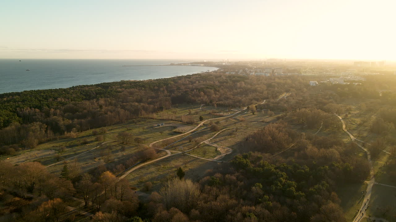 일출 시간 동안 나무와 산책로가 있는 느린 공중 비행 자연 공원 - 고요한 배트릭 바다를 배경으로 - 폴란드, 유럽
