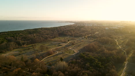 Slow-aerial-flyover-natural-park-with-trees-and-path-for-walk-during-sunrise-time---Tranquil-Batlic-Sea-ighting-in-backdrop---Poland,Europe