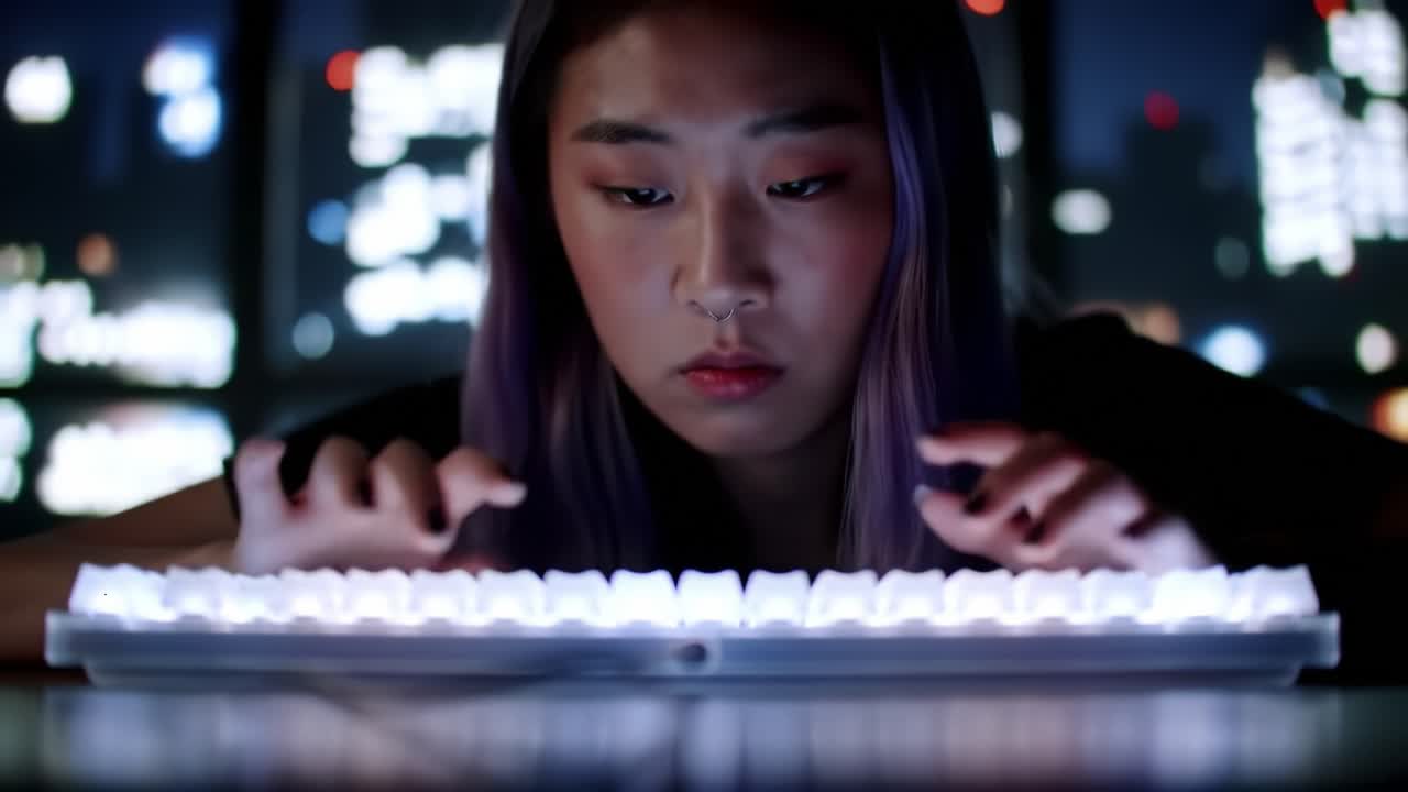 Engaged in Digital Creation: A Focused Individual Typing Intently on a Backlit Keyboard Against a Nighttime Cityscape