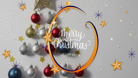 animación de feliz navidad y feliz año nuevo texto con decoraciones en fondo blanco