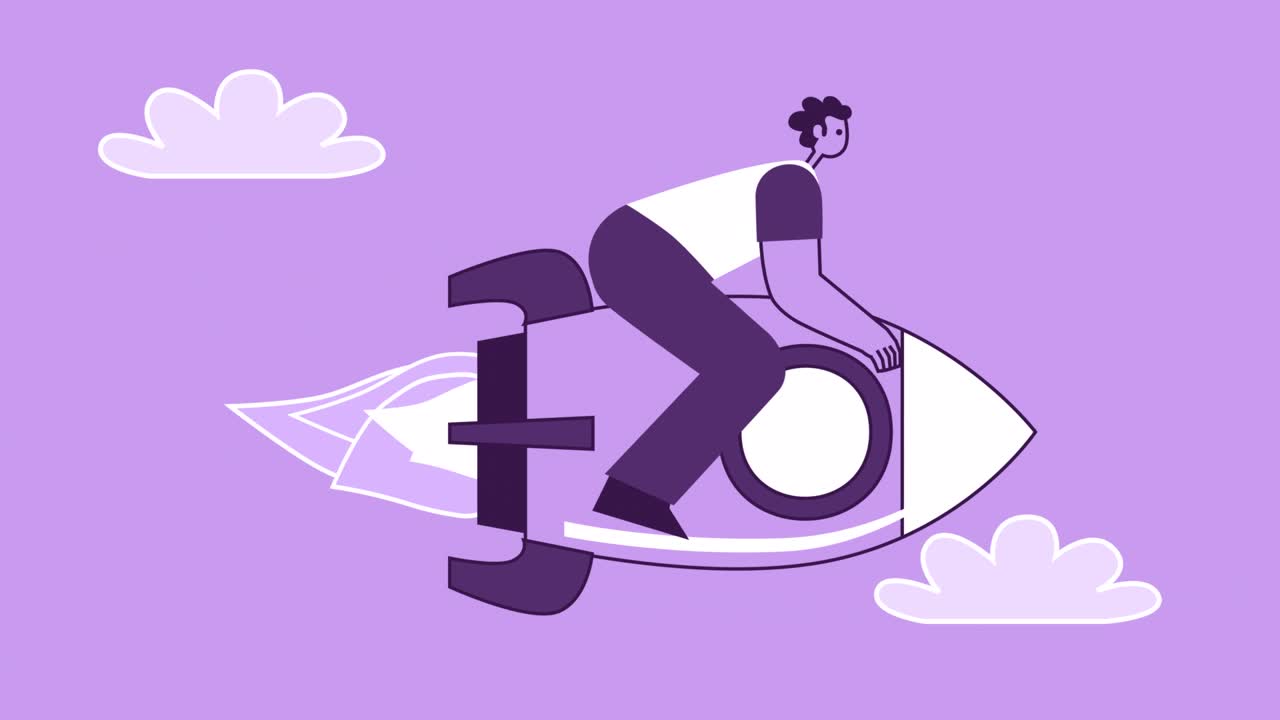 Purple Style Man Flat Character Flies Forward Sitting on Rocket. Isolated Loop Animation with Alpha matters