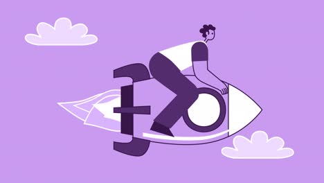 purple style man flat character flies forward sitting on rocket. isolated loop animation with alpha matters