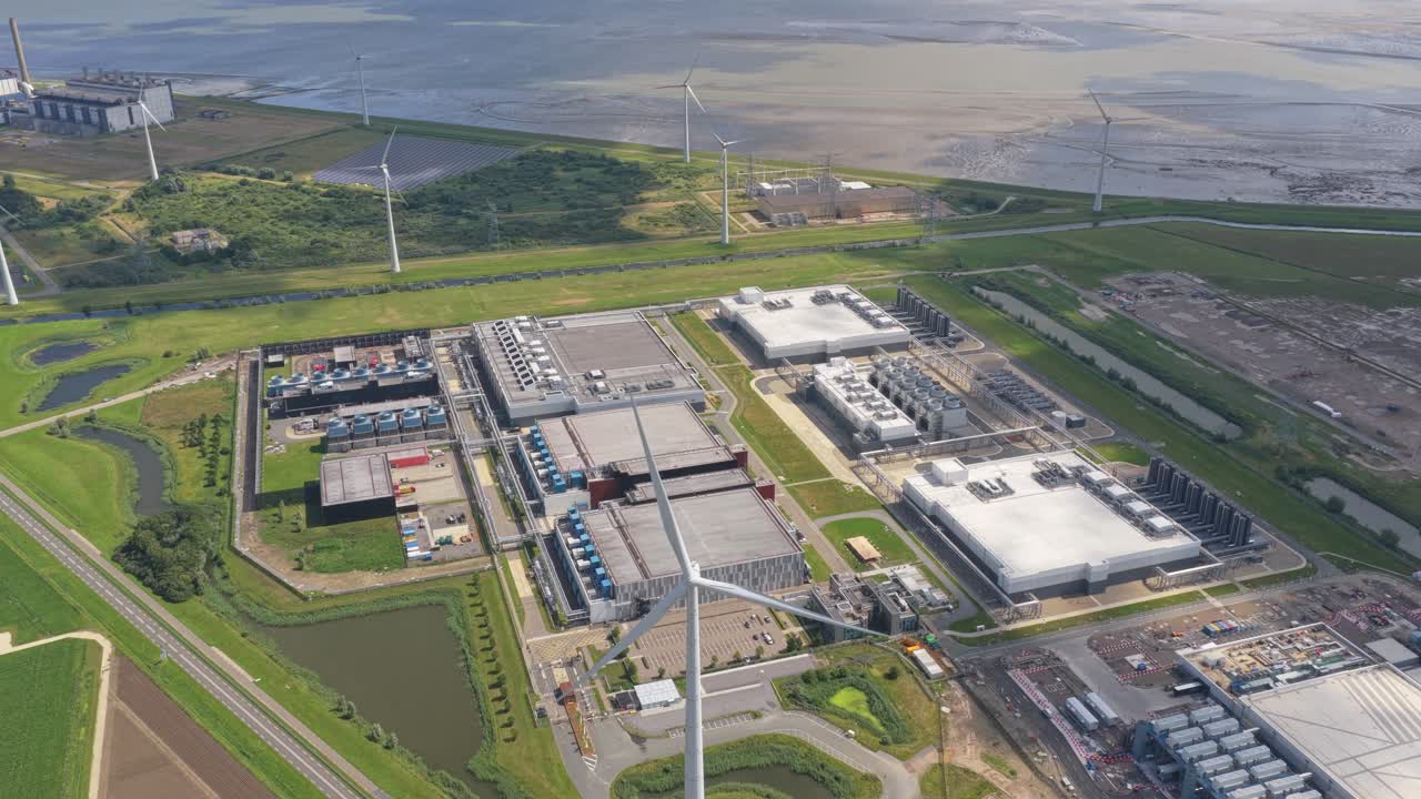 Aerial of technology campus under construction, future data facility, Netherlands