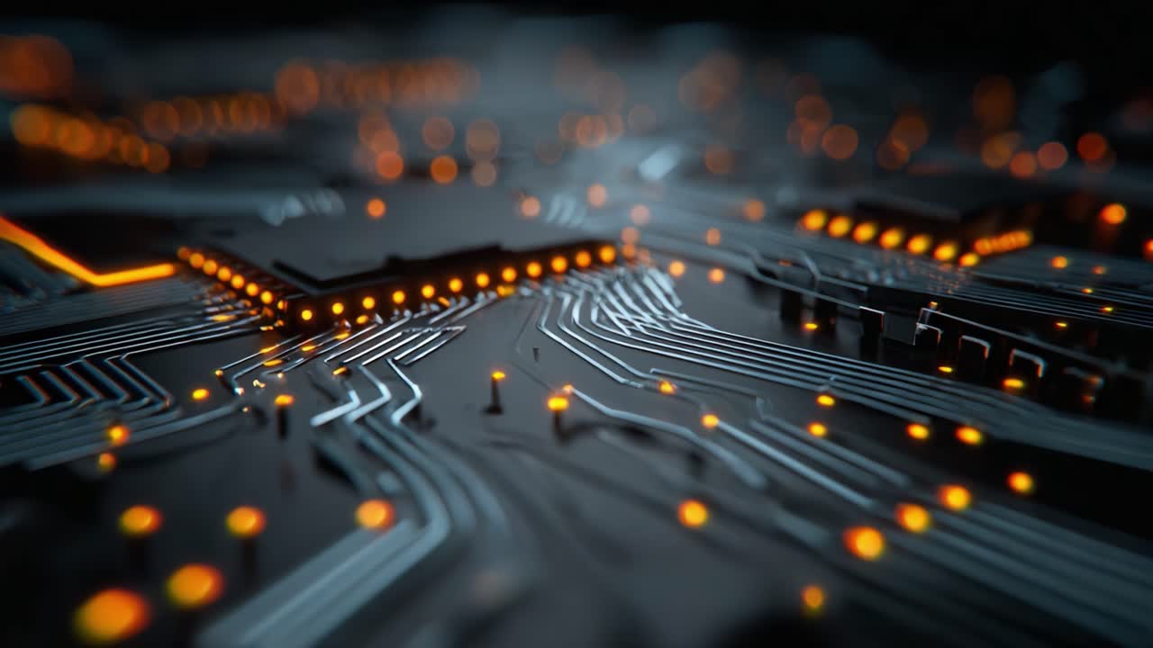 An Intricate Close-Up of a High-Tech Circuit Board Capturing the Complexity and Connectivity of Modern Electronics with Bright LED Lights and Copper Traces
