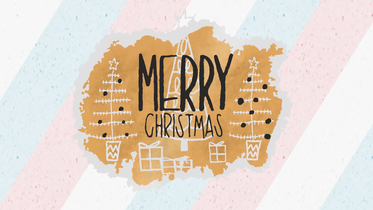 Merry Christmas text animation over festive trees and gifts on colorful background