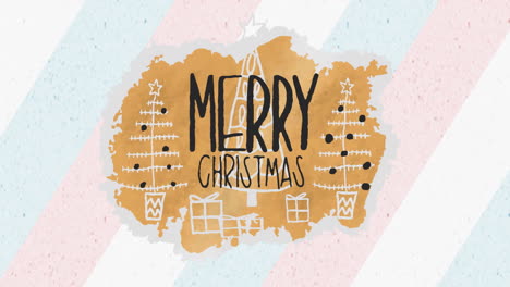 merry christmas text animation over festive trees and gifts on colorful background