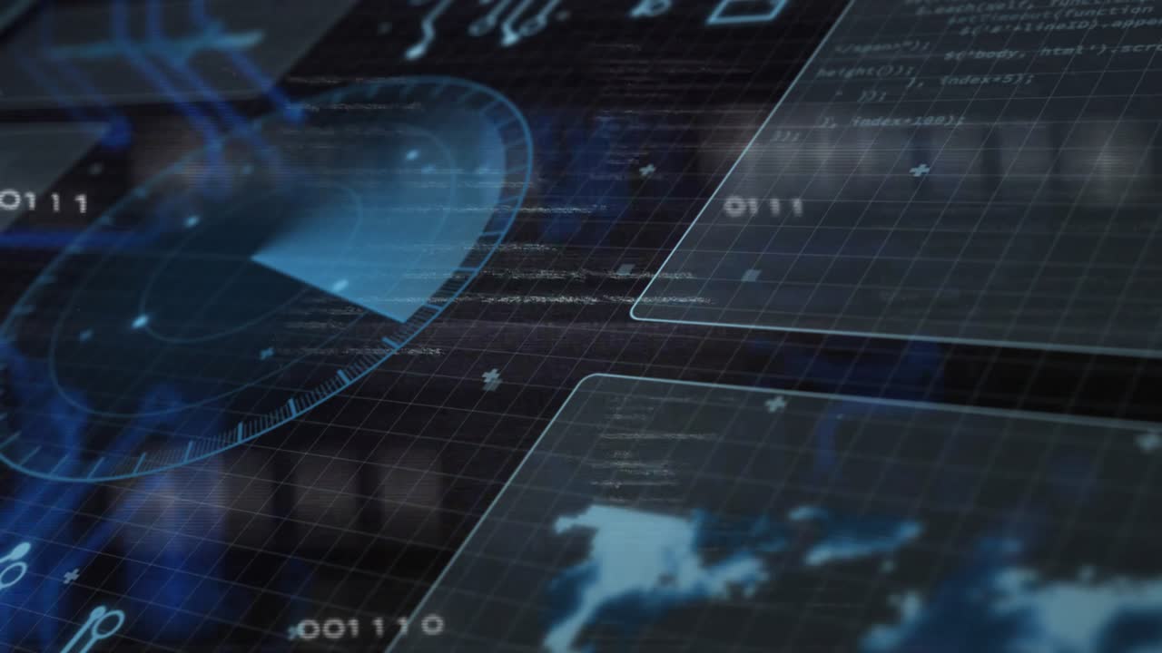 On incoming data ping holo HUD rotating radar sweep, streaming binary, pulsing map, showing traffic