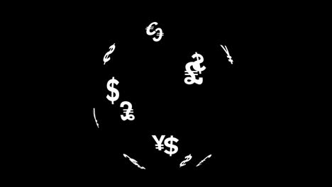 Animation-of-globe-with-currency-icons-with-data-processing-over-black-background