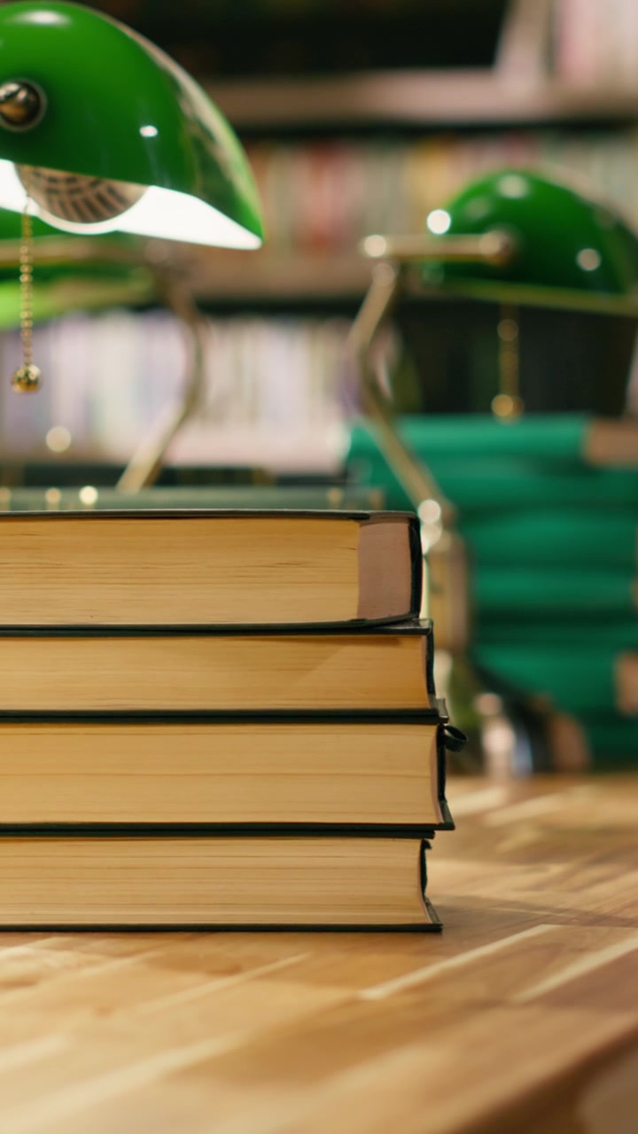 Vertical Video Empty library study table with green lamps and stacked books near bookshelves