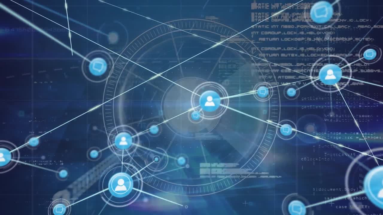 animación de una red de iconos digitales sobre un escáner redondo y senderos de luz contra un fondo azul.